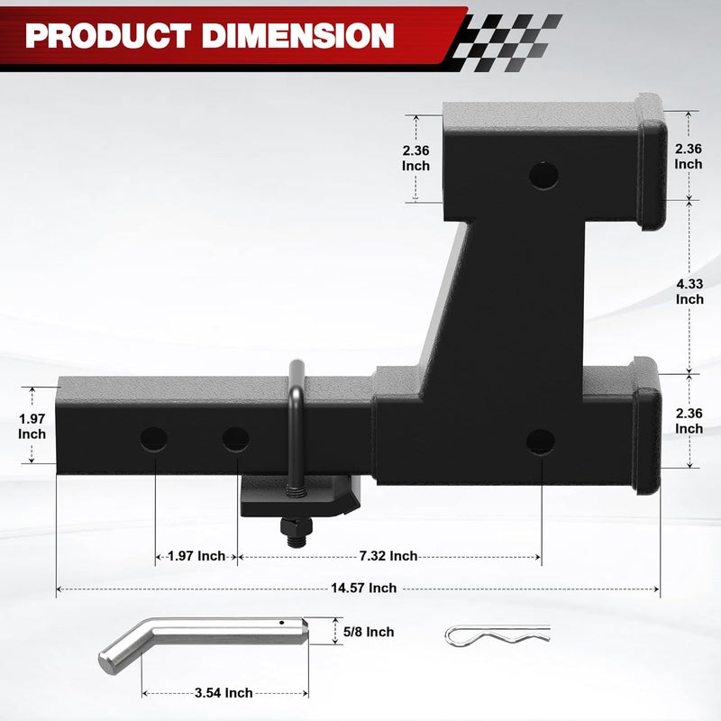 longsen 2 Inch Hitch Extension - Dual Receiver for Trailer & Bike Rack, Adjustable Length 7.3-9.3 Inches, Includes Pin, Clip & Anti-Rattle Kit, 5000lbs - Image 2